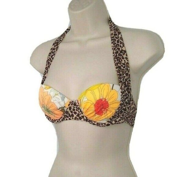 Victorias Secret Womens Bikini Top U/W Halter Size 32B Animal Print Floral - Picture 2 of 9